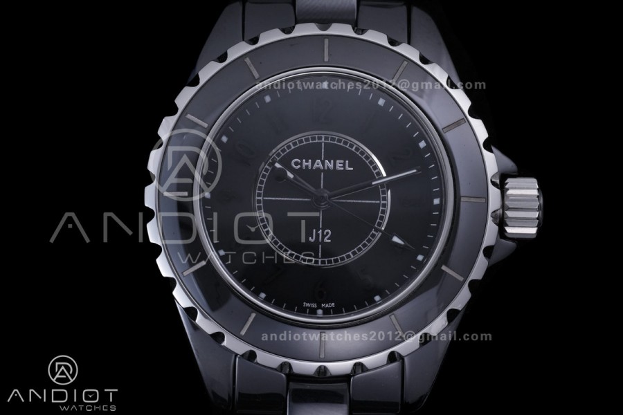 J12 33mm HTF 1:1 Best Edition Black Korea Ceramic Black Dial Grey Markers on Bracelet Swiss Quartz