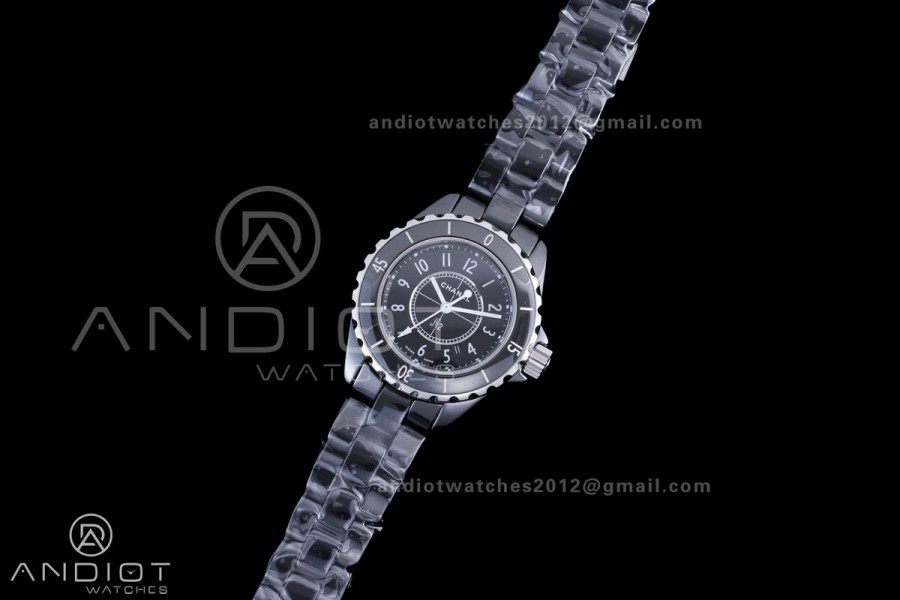 J12 33mm HTF 1:1 Best Edition Black Korea Ceramic Black Dial White Markers on Bracelet Swiss Quartz