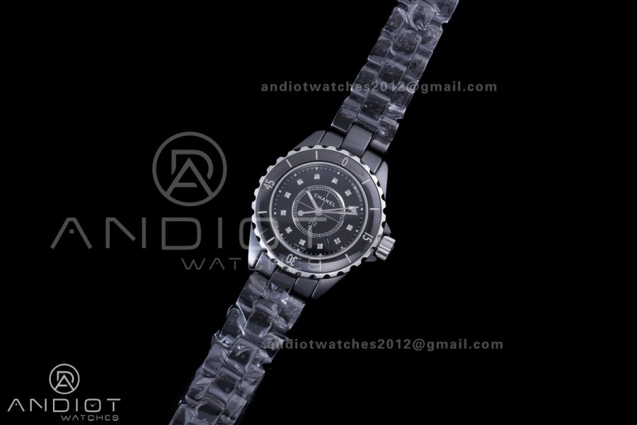 J12 33mm HTF 1:1 Best Edition Black Korea Ceramic Black Dial Diamonds Markers on Bracelet Swiss Quartz