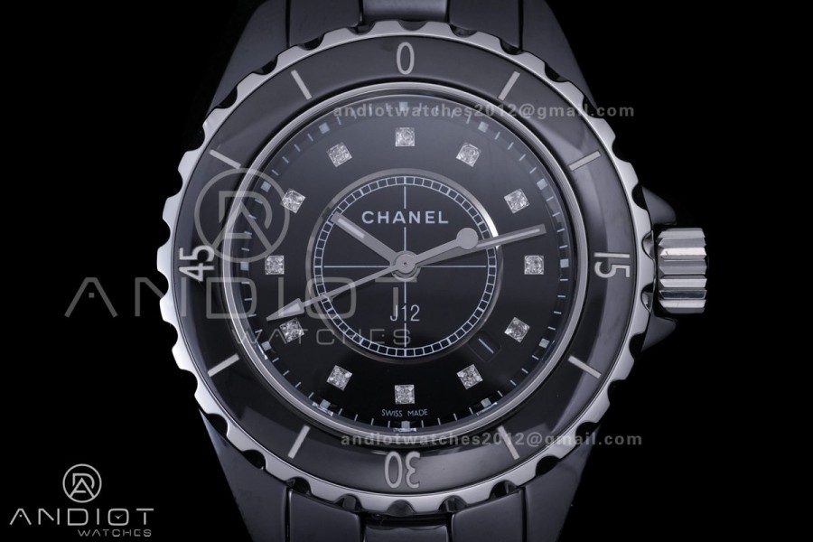 J12 33mm HTF 1:1 Best Edition Black Korea Ceramic Black Dial Diamonds Markers on Bracelet Swiss Quartz