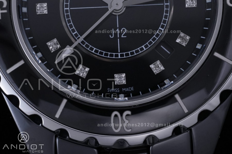 J12 33mm HTF 1:1 Best Edition Black Korea Ceramic Black Dial Diamonds Markers on Bracelet Swiss Quartz