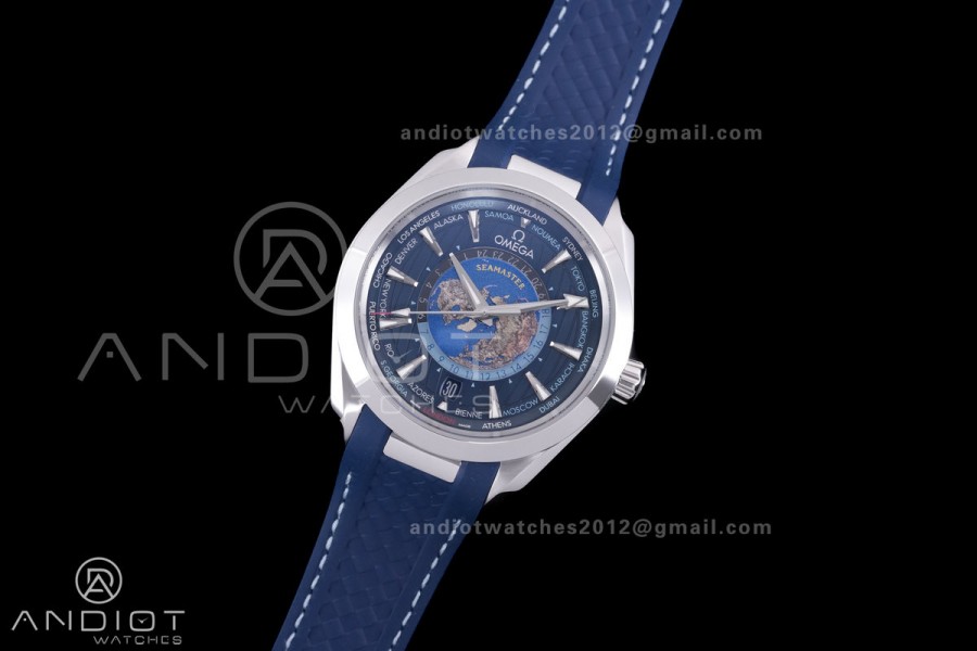 Aqua Terra GMT World timer 43mm VSF 1:1 Best Edition Deep Blue Dial on Blue Rubber Strap A8938 Super Clone