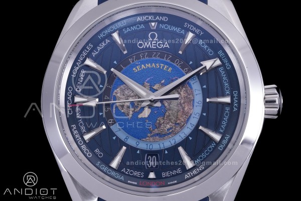 Aqua Terra GMT World timer 43mm VSF 1:1 Best Edition Deep Blue Dial on Blue Rubber Strap A8938 Super Clone
