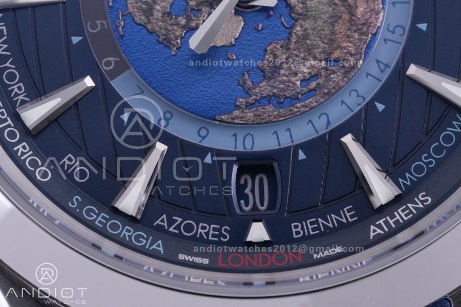 Aqua Terra GMT World timer 43mm VSF 1:1 Best Edition Deep Blue Dial on Blue Rubber Strap A8938 Super Clone
