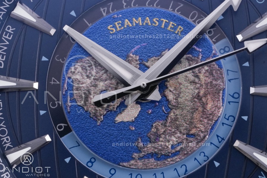 Aqua Terra GMT World timer 43mm VSF 1:1 Best Edition Deep Blue Dial on Blue Rubber Strap A8938 Super Clone