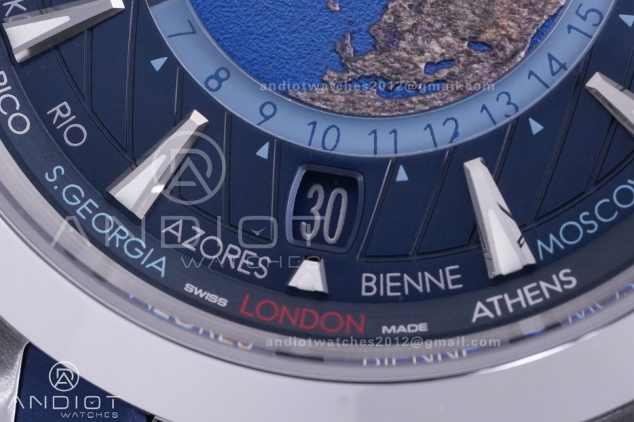 Aqua Terra GMT World timer 43mm VSF 1:1 Best Edition Deep Blue Dial on Blue Rubber Strap A8938 Super Clone