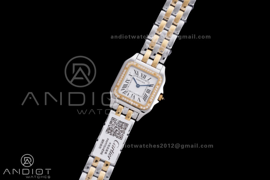 Panthère Ladies 27mm SS/YG AF 1:1 Best Edition White Dial Diamonds Bezel on SS/YG Bracelet Ronda Quartz