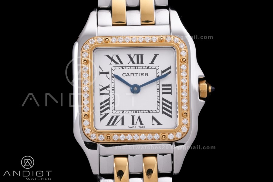 Panthère Ladies 27mm SS/YG AF 1:1 Best Edition White Dial Diamonds Bezel on SS/YG Bracelet Ronda Quartz