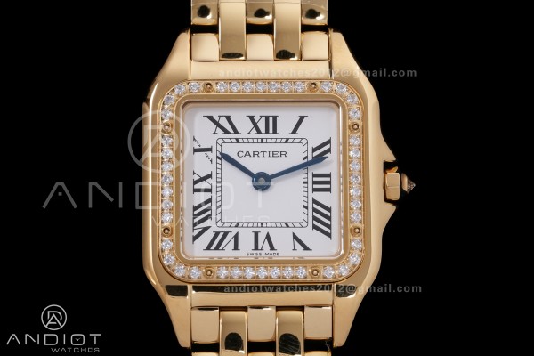 Panthère Ladies 27mm YG AF 1:1 Best Edition White Dial Diamonds Bezel on YG Bracelet Ronda Quartz