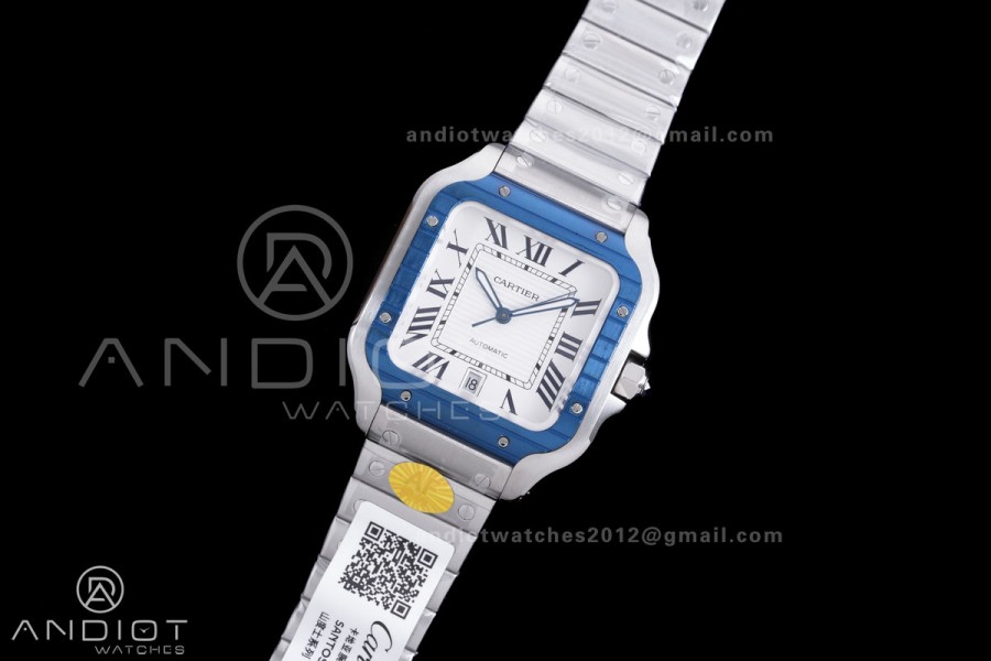  Santos de Cartier XL 40mm SS AF White Dial Blue Bezel SS Bracelet MIYOTA 9015