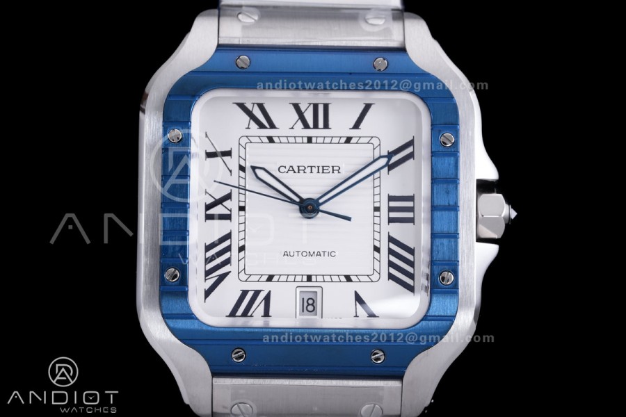  Santos de Cartier XL 40mm SS AF White Dial Blue Bezel SS Bracelet MIYOTA 9015