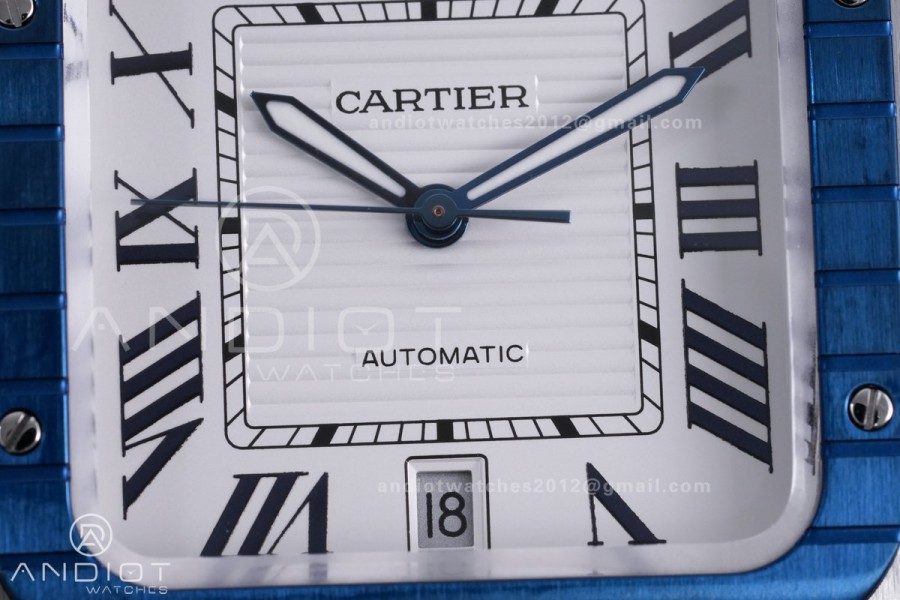  Santos de Cartier XL 40mm SS AF White Dial Blue Bezel SS Bracelet MIYOTA 9015