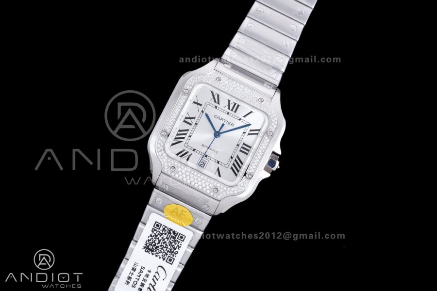 Santos de Cartier XL 40mm SS AF White Dial Diamond Bezel SS Bracelet MIYOTA 9015