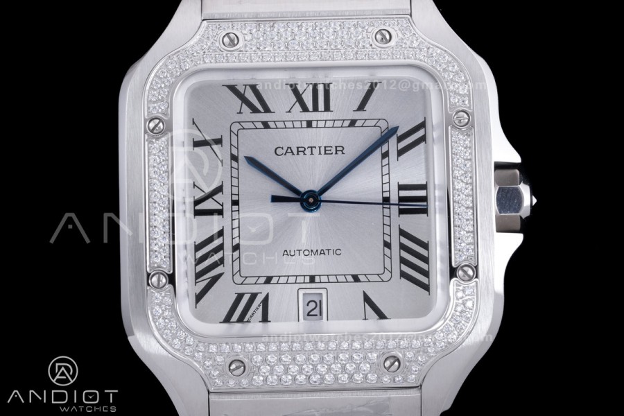 Santos de Cartier XL 40mm SS AF White Dial Diamond Bezel SS Bracelet MIYOTA 9015