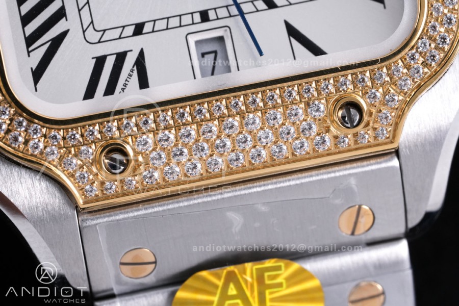 Santos de Cartier 40mm SS AF 1:1 Best Edition White Dial YG Diamond Bezel on SS SmartLinks Bracelet MIYOTA 9015