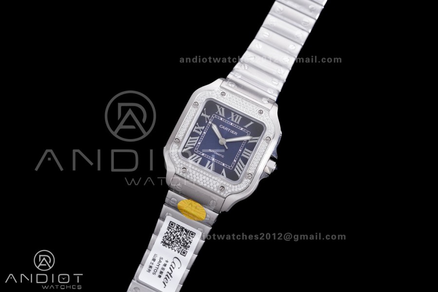 Santos de Cartier 35mm SS AF 1:1 Best Edition  Full Diamond Bezel Blue Dial on SS SmartLinks Bracelet MIYOTA 9015