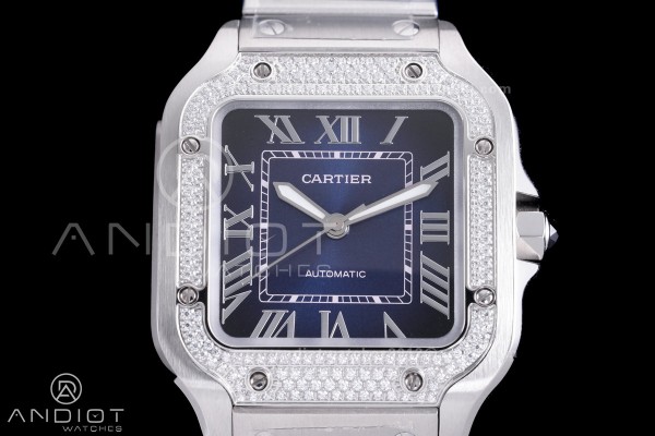 Santos de Cartier 35mm SS AF 1:1 Best Edition  Full Diamond Bezel Blue Dial on SS SmartLinks Bracelet MIYOTA 9015