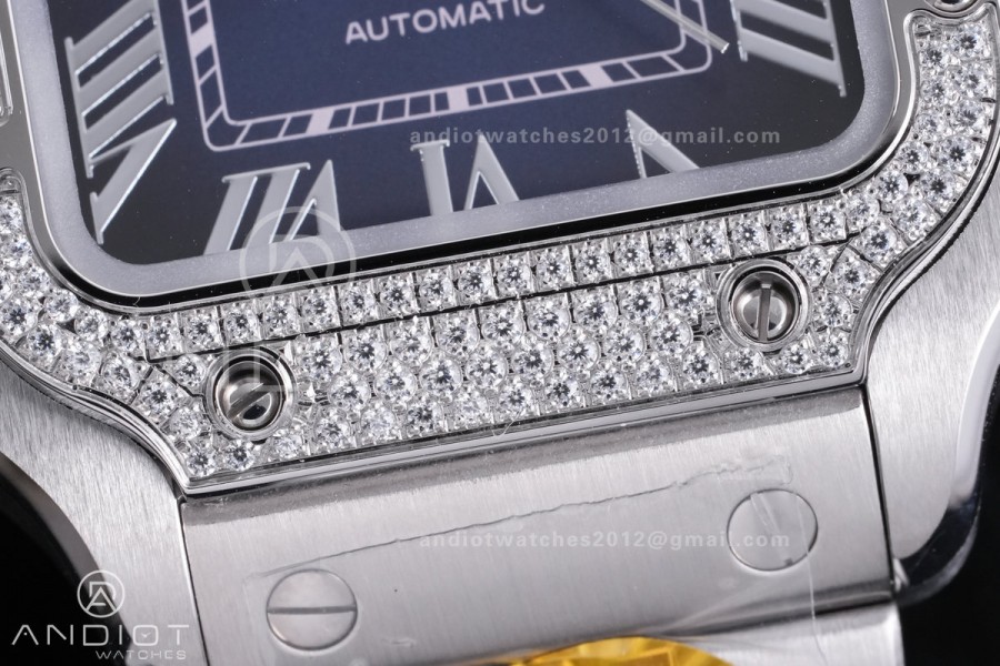 Santos de Cartier 35mm SS AF 1:1 Best Edition  Full Diamond Bezel Blue Dial on SS SmartLinks Bracelet MIYOTA 9015