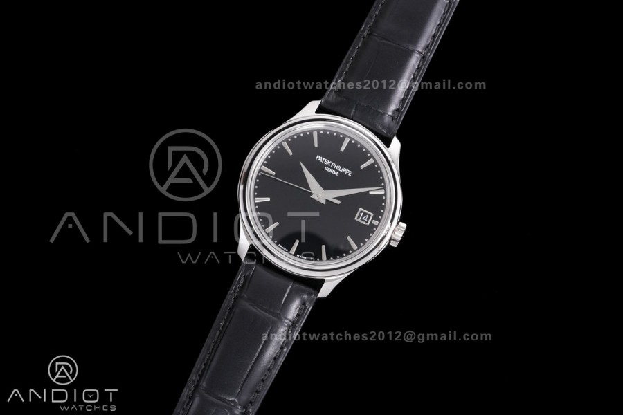 Calatrava 5227 SS 3KF 1:1 Best Edition Black Dial on Black Leather Strap A324 Super Clone V2