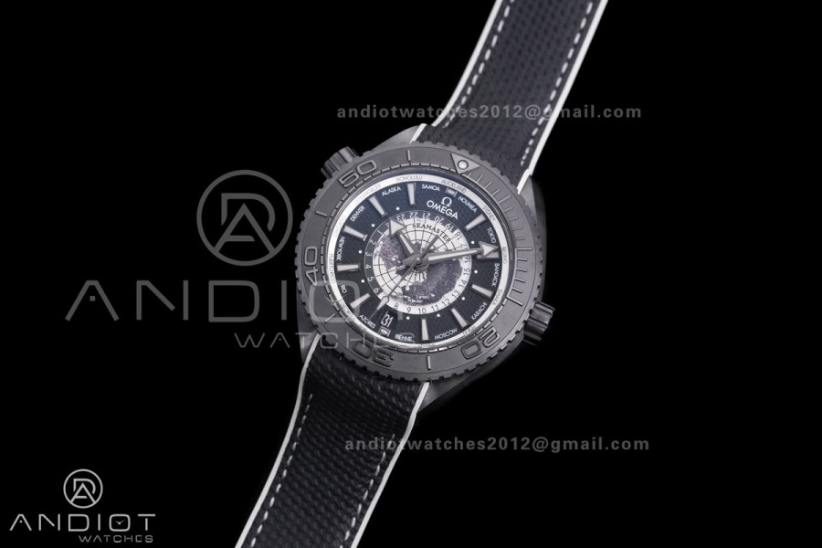 Planet Ocean 45.5mm GMT Worldtimer Real Ceramic VSF 1:1 Best Edition Black/Grey Dial On Black Rubber Strap Super Clone 8938
