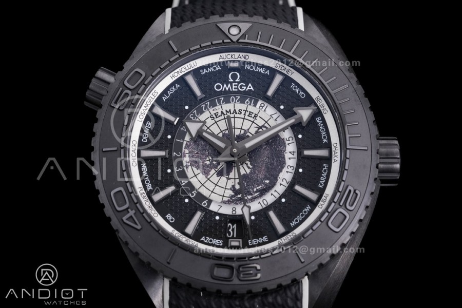 Planet Ocean 45.5mm GMT Worldtimer Real Ceramic VSF 1:1 Best Edition Black/Grey Dial On Black Rubber Strap Super Clone 8938