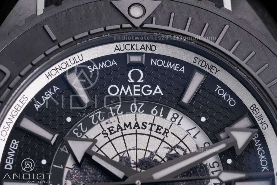 Planet Ocean 45.5mm GMT Worldtimer Real Ceramic VSF 1:1 Best Edition Black/Grey Dial On Black Rubber Strap Super Clone 8938