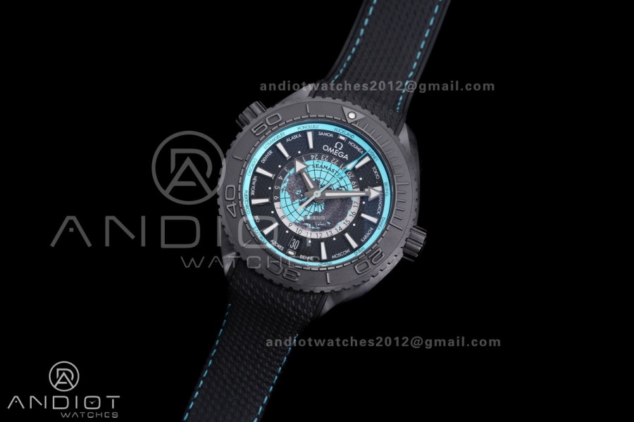 Planet Ocean 45.5mm GMT Worldtimer Real Ceramic VSF 1:1 Best Edition Black/blue Dial On Black Rubber Strap Super Clone 8938