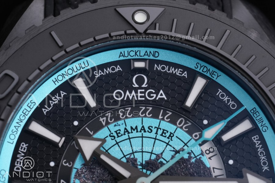 Planet Ocean 45.5mm GMT Worldtimer Real Ceramic VSF 1:1 Best Edition Black/blue Dial On Black Rubber Strap Super Clone 8938