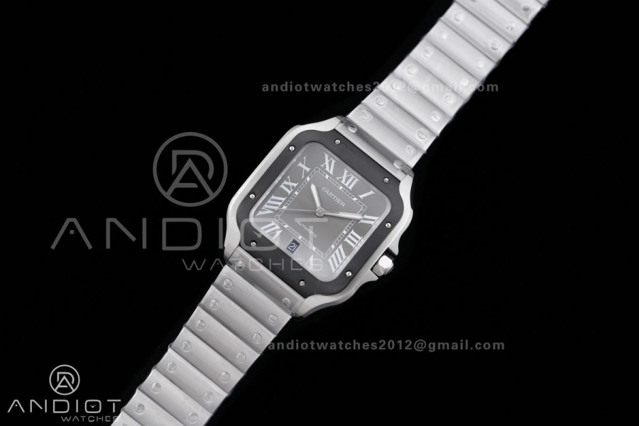 Santos de Cartier 40mm SS BVF 1:1 Best Edition Gray Dial Black Bezel on SS Bracelet MIYOTA 9015