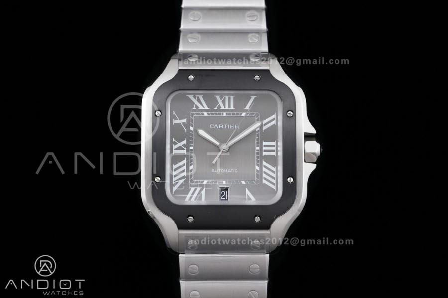 Santos de Cartier 40mm SS BVF 1:1 Best Edition Gray Dial Black Bezel on SS Bracelet MIYOTA 9015