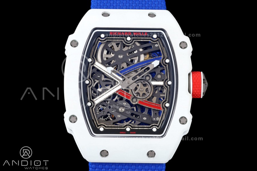 RICH Maker's 1:1 RM67-02 White NTPT France Blue/Red/White Skeleton Dial CRMA7 Super Clone Pro V2