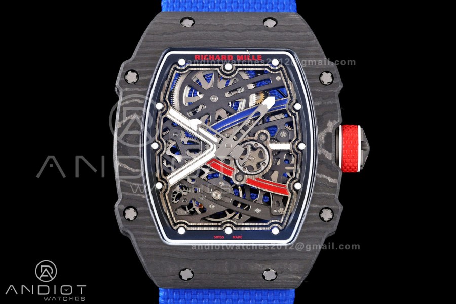 RICH Maker's 1:1 RM67-02 Black NTPT France Blue/Red/White Skeleton Dial CRMA7 Super Clone Pro V2