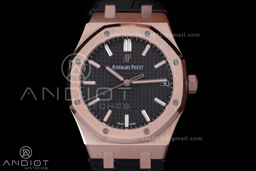 Royal Oak 41mm 15500 RG APSF V3 Free Sprung 1:1 Best Edition Black Textured Dial On Black Leather Strap Super Clone SA4302 