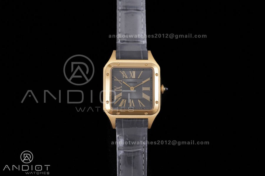 Santos Dumont 31.4mm YG AF 1:1 Best Edition Gray Dial YG Marker bezel on Gray Leather Strap Ronda Quartz