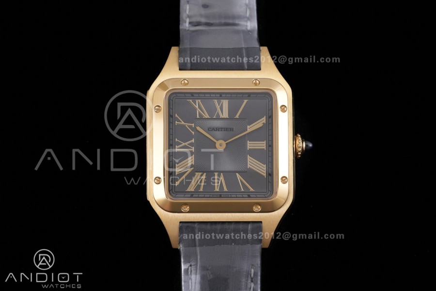 Santos Dumont 31.4mm YG AF 1:1 Best Edition Gray Dial YG Marker bezel on Gray Leather Strap Ronda Quartz