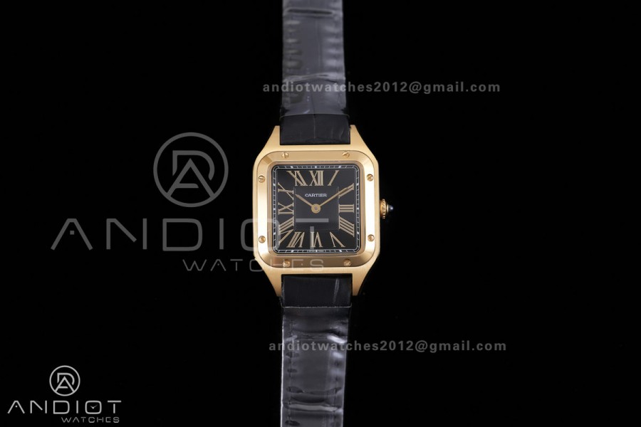 Santos Dumont 27.5mm YG AF 1:1 Best Edition Black Dial YG Marker on Black Leather Strap Ronda Quartz