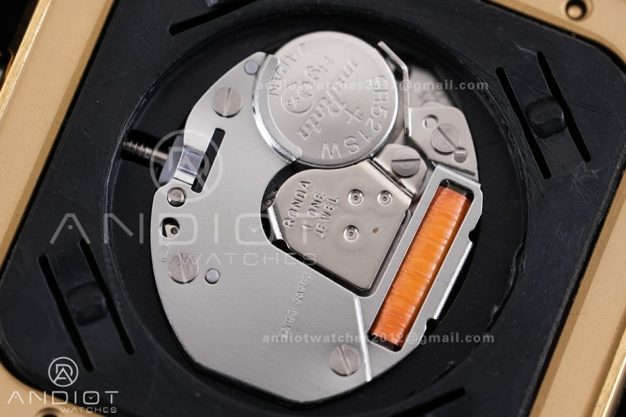 Santos Dumont 27.5mm YG AF 1:1 Best Edition Black Dial YG Marker on Black Leather Strap Ronda Quartz