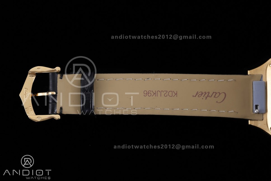 Santos Dumont 27.5mm YG AF 1:1 Best Edition Black Dial YG Marker on Black Leather Strap Ronda Quartz