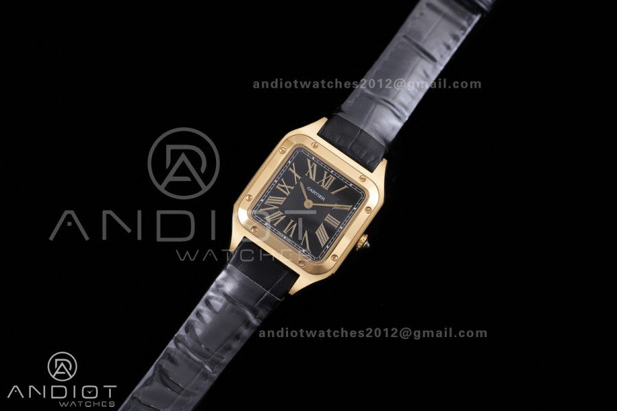 Santos Dumont 27.5mm YG AF 1:1 Best Edition Black Dial YG Marker on Black Leather Strap Ronda Quartz