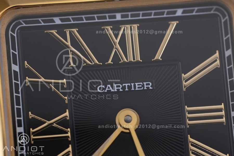 Santos Dumont 27.5mm YG AF 1:1 Best Edition Black Dial YG Marker on Black Leather Strap Ronda Quartz