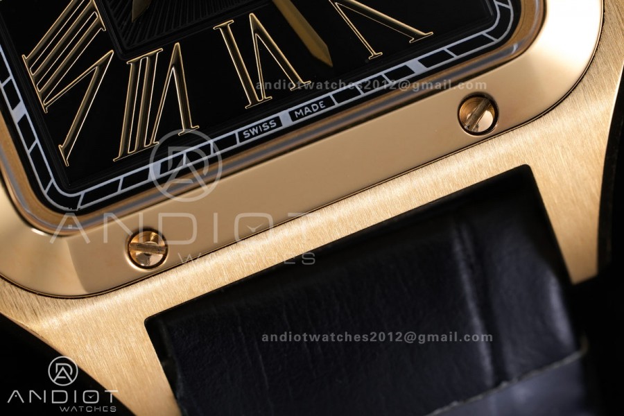 Santos Dumont 27.5mm YG AF 1:1 Best Edition Black Dial YG Marker on Black Leather Strap Ronda Quartz