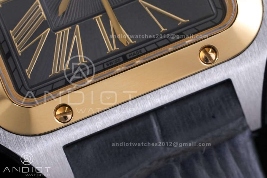 Santos Dumont 27.5mm SS AF 1:1 Best Edition YG Bezel Gray Dial YG Marker on Gray Leather Strap Ronda Quartz