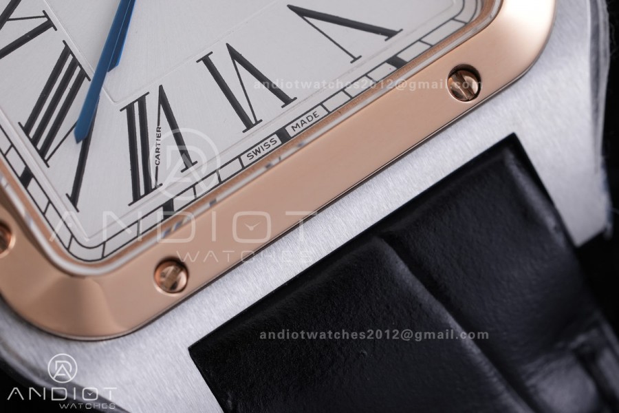 Santos Dumont 31.4mm SS/RG AF 1:1 Best Edition Silver Dial on Black Strap A157