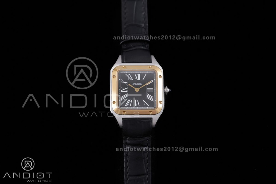 Santos Dumont 27.5mm SS AF 1:1 Best Edition YG Bezel Black Dial on Black Leather Strap Ronda Quartz