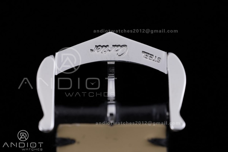 Santos Dumont 27.5mm SS AF 1:1 Best Edition YG Bezel Black Dial on Black Leather Strap Ronda Quartz