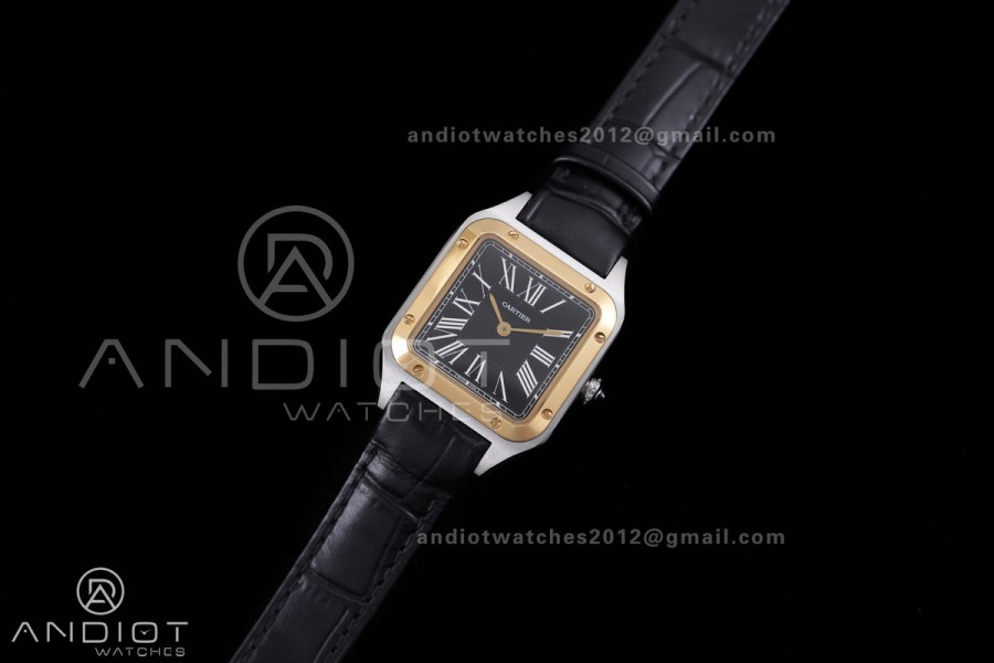 Santos Dumont 27.5mm SS AF 1:1 Best Edition YG Bezel Black Dial on Black Leather Strap Ronda Quartz