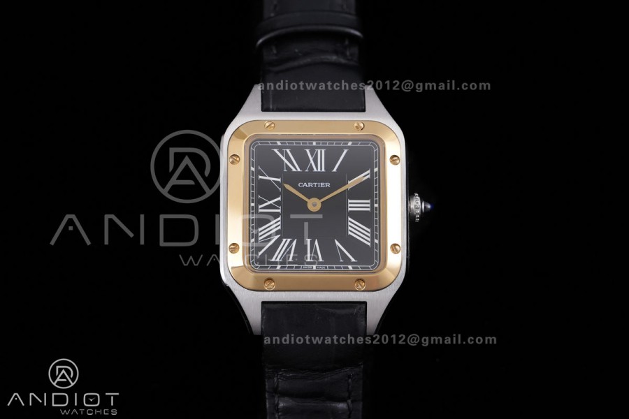 Santos Dumont 27.5mm SS AF 1:1 Best Edition YG Bezel Black Dial on Black Leather Strap Ronda Quartz