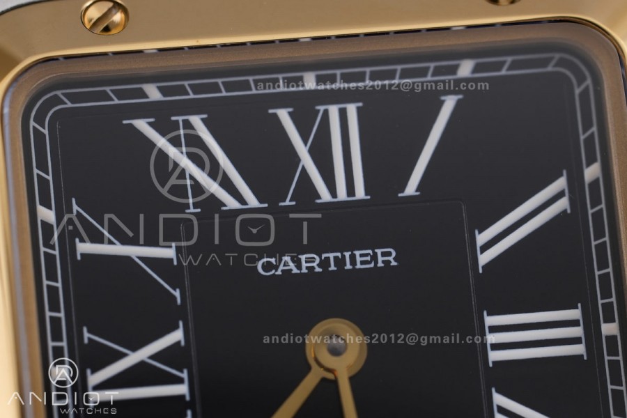 Santos Dumont 27.5mm SS AF 1:1 Best Edition YG Bezel Black Dial on Black Leather Strap Ronda Quartz