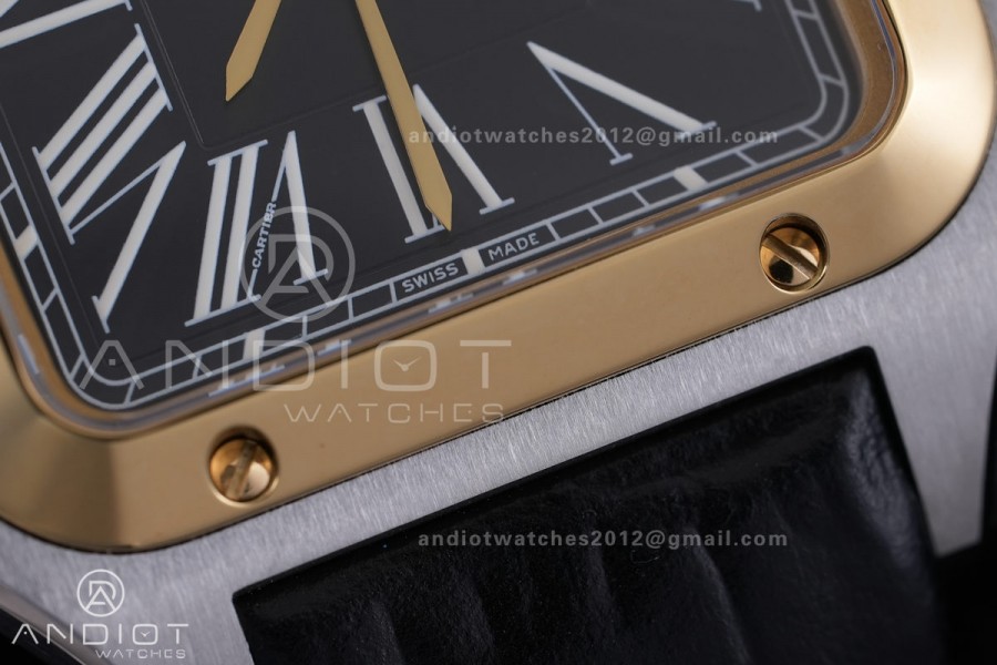 Santos Dumont 27.5mm SS AF 1:1 Best Edition YG Bezel Black Dial on Black Leather Strap Ronda Quartz