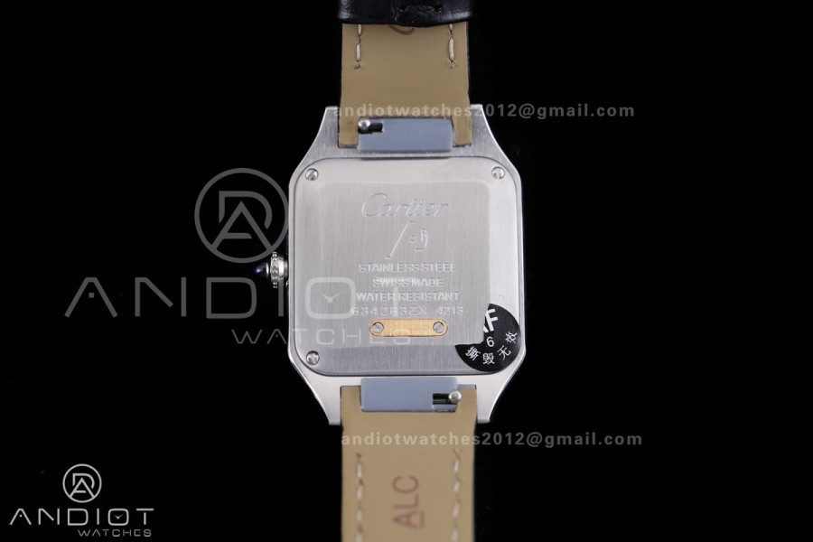 Santos Dumont 27.5mm SS AF 1:1 Best Edition YG Bezel Black Dial on Black Leather Strap Ronda Quartz